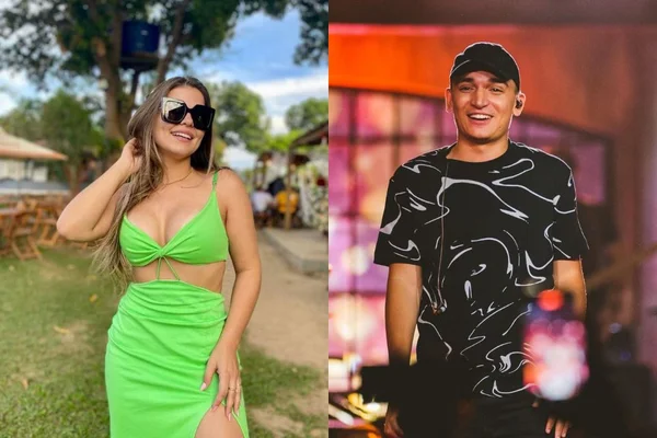 Montagem de duas fotos ccoloridas, uma de Camila Caiff e outra de João Gomes