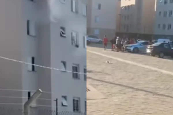 Imagem colorida de montagem mostrando apartamento saindo fumaça, onde uma adolescente de 14 anos ateou fogo e matou sua irmã de 11 meses - Metrópoles