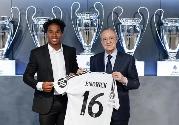 Imagem colorida de Endrick e Florentino Pérez - Metrópoles