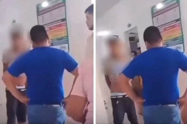 Montagem com foto colorida de homem em UPA com cenoura presa no reto - Metrópoles