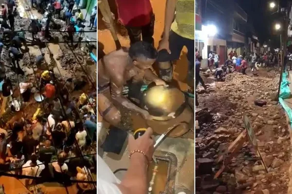 montagem com fotos de pessoas buscando ouro em obra - metrópoles