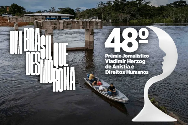 Arte sobre foto de Breno Esaki que mostra destroço de uma ponte no Amazonas