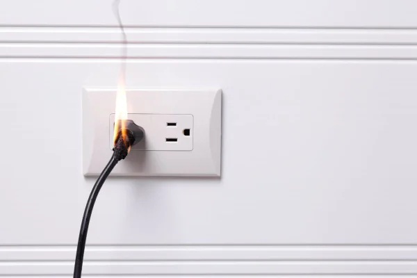 tomada pegando fogo em um fundo branco