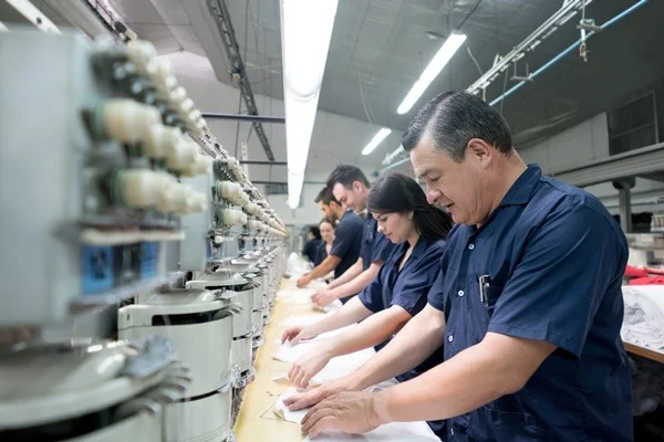 Na imagem com cor, trabalhadores da indústria da moda