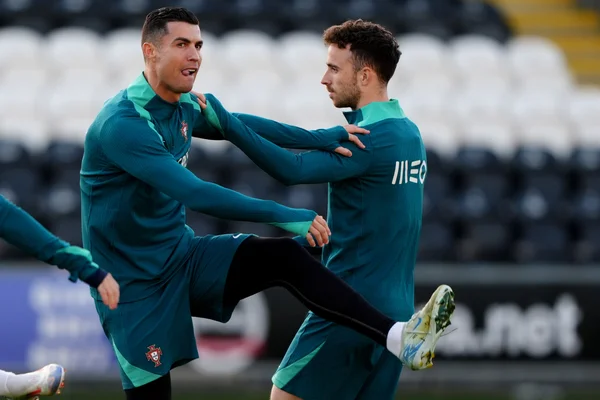 Foto colorida de Cristiano Ronaldo e Diogo Jota pela seleção portuguesa - Metrópoles