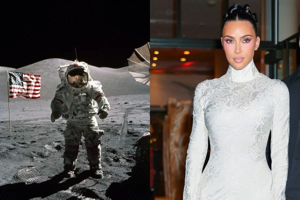 montagem colorida com fotos do homem na lua e Kim Kardashian