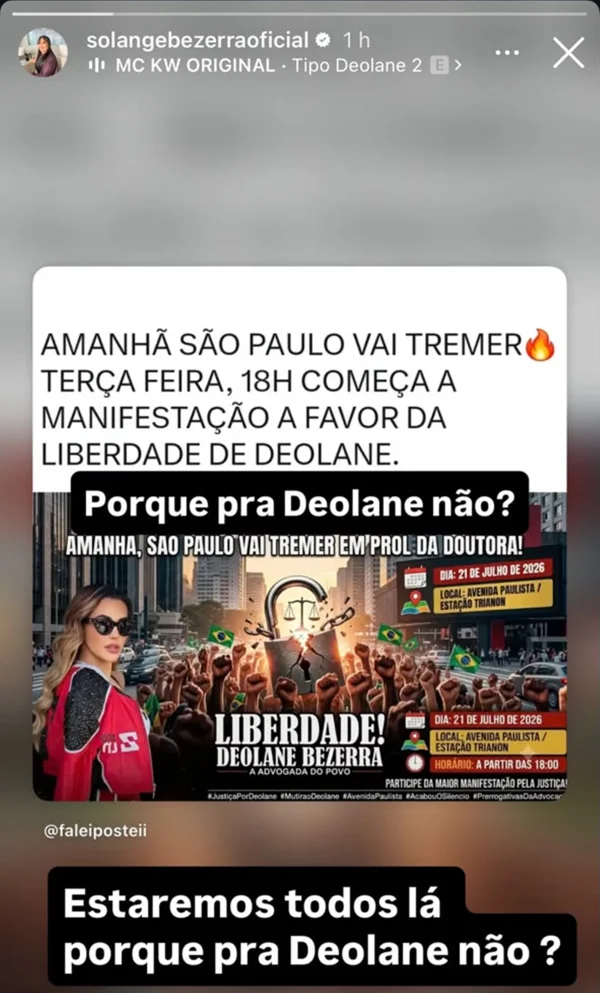 Mãe de Deolane convoca seguidores para ato pela liberdade da advogada - destaque galeria Mãe de Deolane convoca seguidores para ato pela liberdade da advogada - destaque galeria