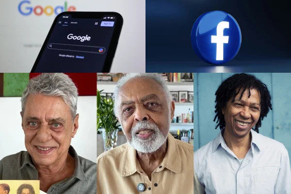 Montagem de imagens mostra logos de Google, Facebook e os artistas (da esquerda para direita) Chico Buarque, Gilberto Gil e Djavan - Metrópoles