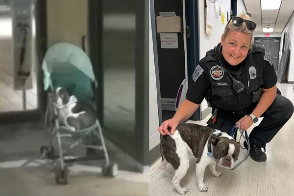 Na foto, um cachorro no carrinho de bebê e uma mulher loira policial segurando um cachorro - Metrópoles