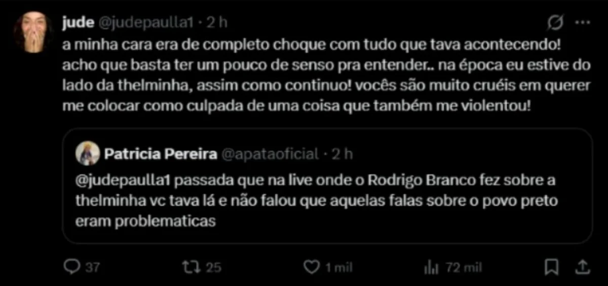 Ju de Paulla se defendeu após receber críticas. Ju de Paulla se defendeu após receber críticas.