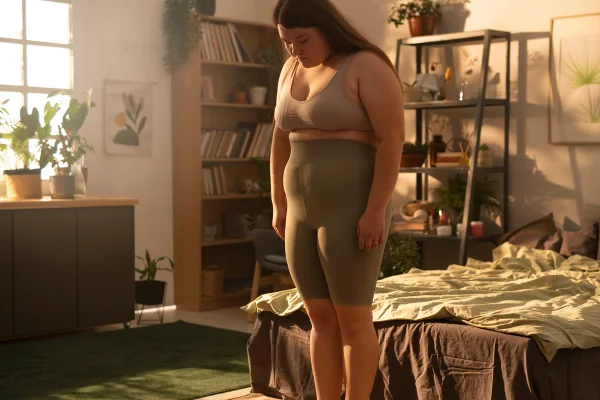 Ilustração colorida feita com IA de uma mulher com obesidade, cabisbaixa em um quarto -Metrópoles.