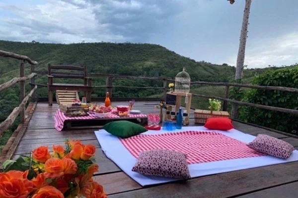 na foto vemos um deck de madeira e sobre ele toalhas xadrez e comidas