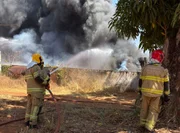 Fogo começou em um galpão com materiais plásticos e avançou para a vegetação Fogo começou em um galpão com materiais plásticos e avançou para a vegetação