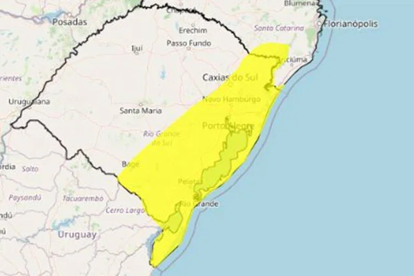 Imagem colorida do mapa do Rio Grande do Sul com alerta