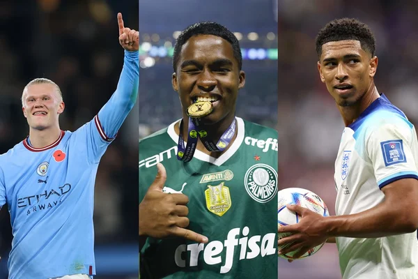 Montagem com fotos de Endrick, Bellingham e Haaland - Metrópoles