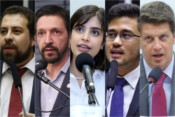 Montagem traz cinco fotos, uma ao lado do outro, de parte dos rostos dos pré-candidatos à Prefeitura - Metrópoles