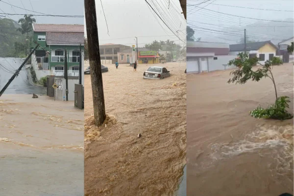 Imagem colorida mostra a Cidade de Pariquera-Açu debaixo d'água após fortes chuvas - Metrópoles