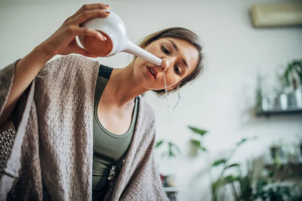 Fotografia mostra mulher fazendo lavagem nasal com um objeto no nariz - Metrópoles