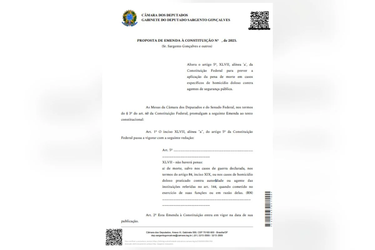 PEC propõe pena de morte para homicídio doloso contra agentes de segurança PEC propõe pena de morte para homicídio doloso contra agentes de segurança