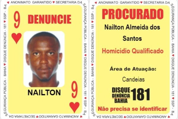 Imagem colorida mostra arte da SSP BA com imagem de homem procurado na Bahia por tráfico de drogas. Ele, conhecido como "Nove de Copas", foi preso pela Polícia Civil em São Paulo - Metrópoles