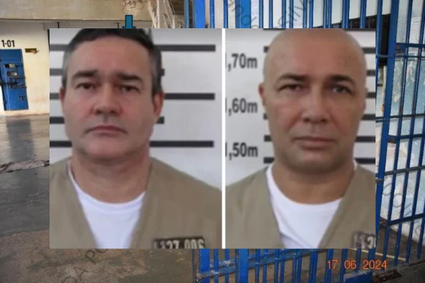 Dois homens brancos, com roupa de presidiário, lado a lado. Ao fundo, interior de presídio - Metrópoles