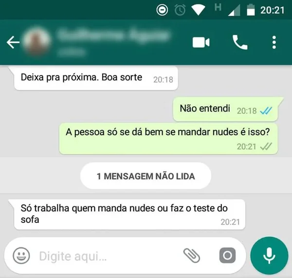 Candidata relata assédio por emprego: “Só trabalha quem manda nudes”