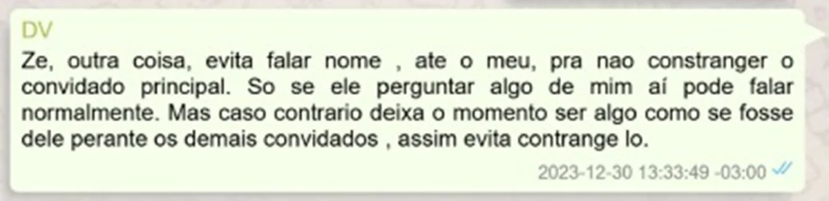 Vorcaro pede ao chef que oriente sua equipe a não citar nomes, inclusive o dele Vorcaro pede ao chef que oriente sua equipe a não citar nomes, inclusive o dele