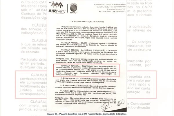 Veja contrato da propina bancado com dinheiro de emenda para hospital