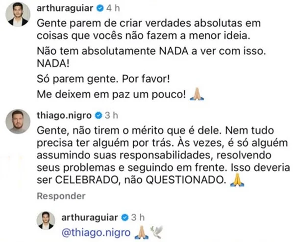 Arthur Aguiar rebate especulações sobre reaproximação com Thiago Nigro - destaque galeria