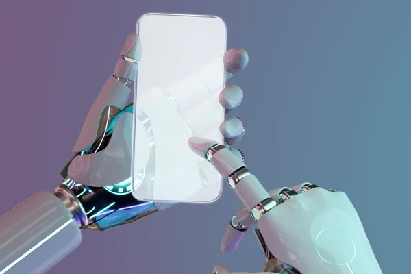 Ilustração colorida de robô utilizando um aparelho celular - Metrópoles.