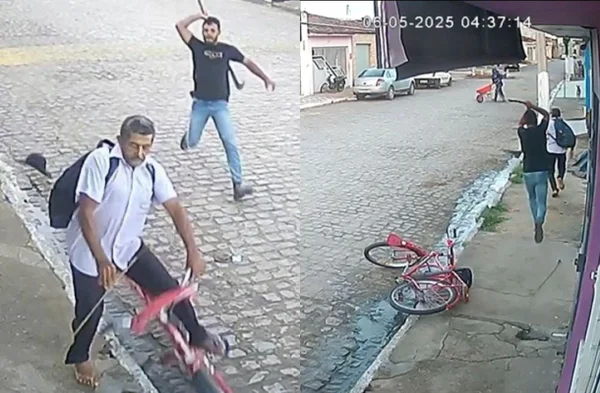 Imagem colorida de filho correndo atrás do pai com foice - Metrópoles