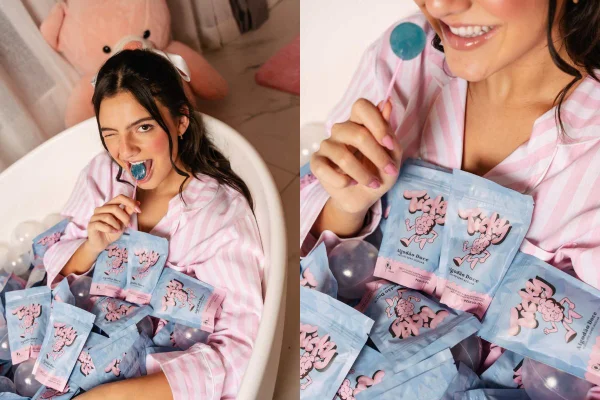 Imagens da campanha da marca de pirulitos Ticky, da influenciadora Antonela Braga - Metrópoles
