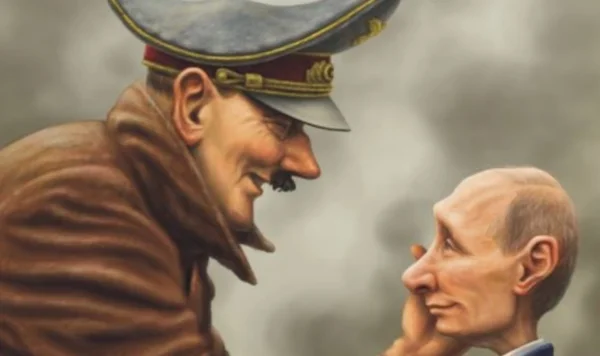 Perfil da Ucrânia no Twitter posta desenho relacionando Hitler a Putin. Em desenho, o líder nazista acaricia o rosto de Putin, em menor escala - Metrópoles