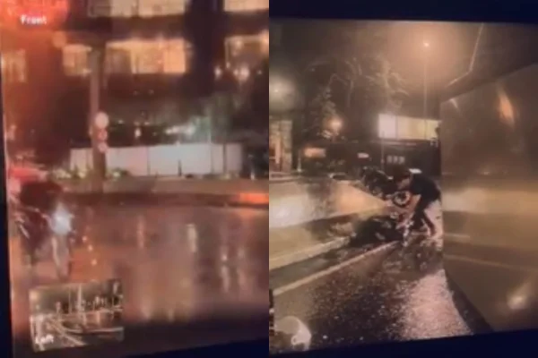 Imagem colorida de montagem de frames da batida entre Tesla e motociclista. Metrópoles