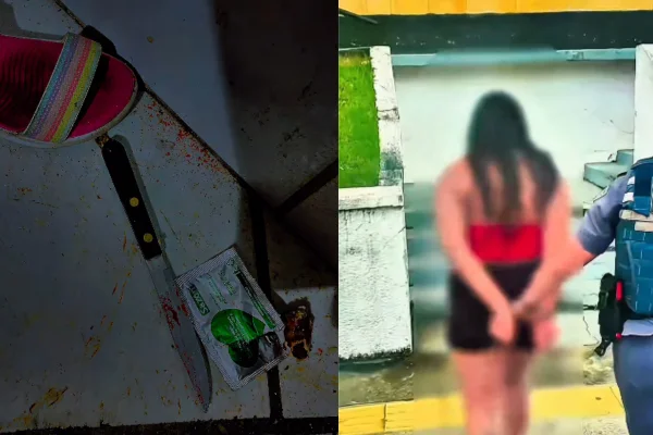 Imagem colorida de montagem de faca com sangue e mulher presa. Metrópoles