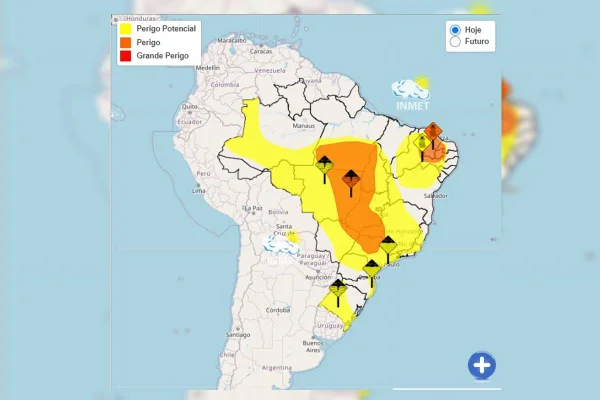 Imagem colorida do mapa do Brasil com alertas meteorológicos do Inmet