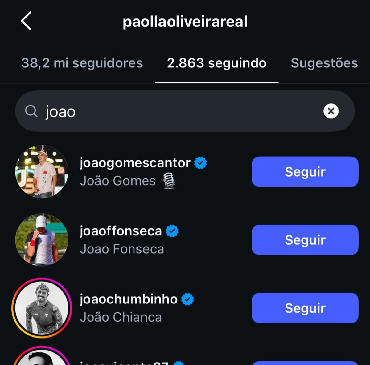 A atriz Paolla Oliveira segue Chumbinho no Instagram A atriz Paolla Oliveira segue Chumbinho no Instagram
