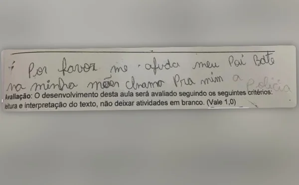 Menina denunciou a violência doméstica sofrida pela mãe em prova na escola