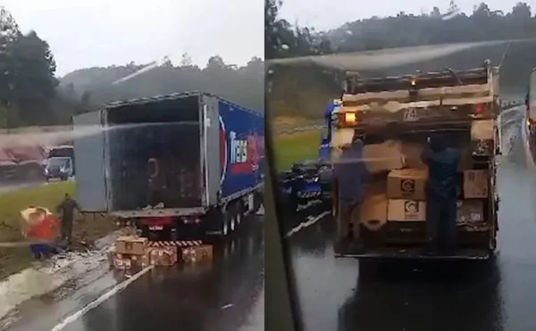 Imagem colorida de caminhão de lixo usado supostamente para saquear carga após acidente no quilômetro 45 da BR-116, em Campina Grande do Sul (PR) - Metrópoles