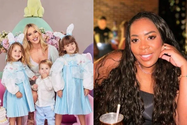 Montagem com fotos coloridas de virginia com os filhos e da mãe de vini jr. - metrópoles
