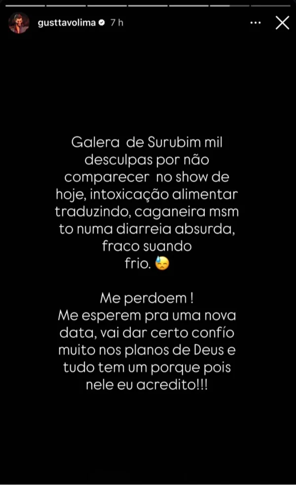 Gusttavo Lima se pronuncia após cancelar show em Surubim: “Caganeira” - destaque galeria