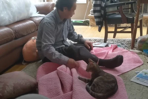 Foto colorida de um homem e um gato - Metrópoles