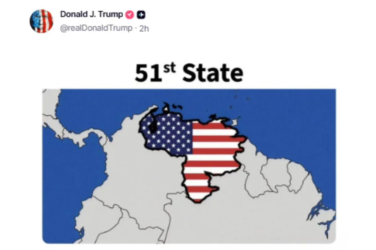 Post Trump deste sábado (1º/8) retratando a Venezuela como 51º estado norte-americano Post Trump deste sábado (1º/8) retratando a Venezuela como 51º estado norte-americano