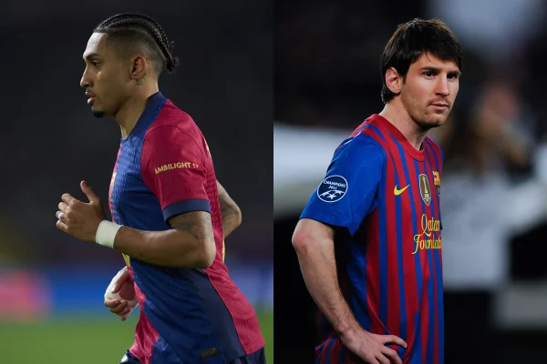 Foto colorida de Raphinha e Lionel Messi - Metrópoles