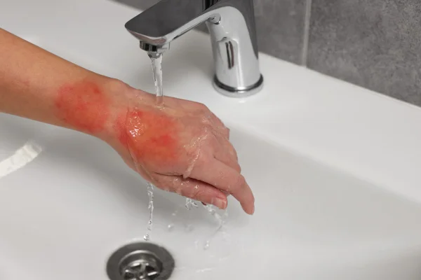 Mulher segurando a mão queimada sob água fria em ambientes fechados, close-up. Metrópoles