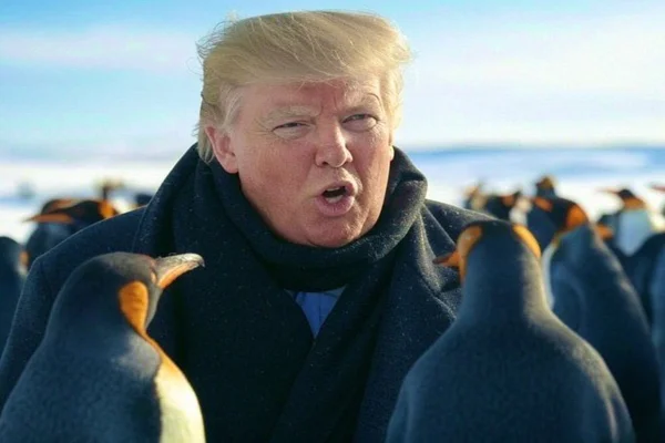 Imagem colorida de Donald Trump com pinguins