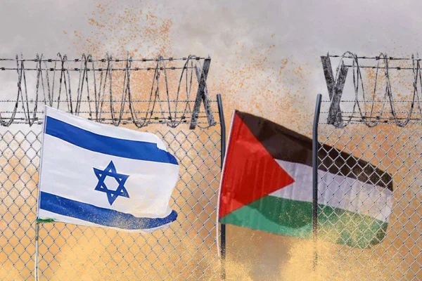 ilustração bandeira israel palestina cerca farpada ao fundo