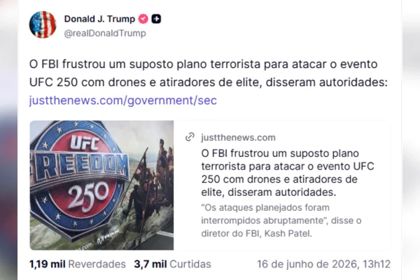 Trump diz que FBI frustrou atentado com drones em UFC na Casa Branca - destaque galeria Trump diz que FBI frustrou atentado com drones em UFC na Casa Branca - destaque galeria