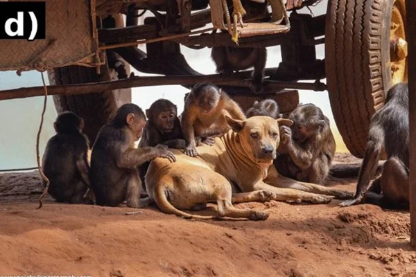Imagem colorida mostra macacos cuidando de cachorro - Metrópoles