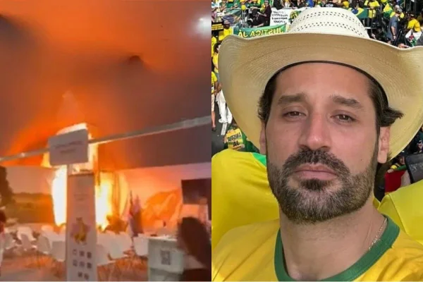 Imagem colorida mostra incêndio na COP30 e secretário de Agricultura do estado de São Paulo, Guilherme Piai